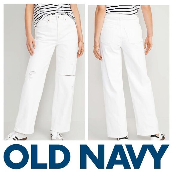 NWT Old Navy Sky-Hi Straight Extra High Rise Distressed White Button Fly Jeans - Picture 1 of 14